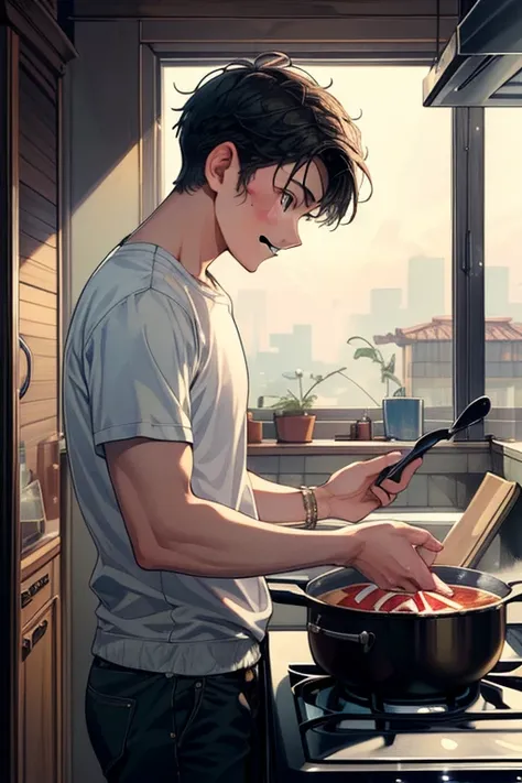 ((((masterpiece,best quality,ultra-detailed)))),1boy,solo,slim Asian boy,portrait,<lora:add_detail:0.8>,side view up,Looking At Phone,overhead shot,Cooking,Kind Smile,Talking,indoors,Haze lighting,