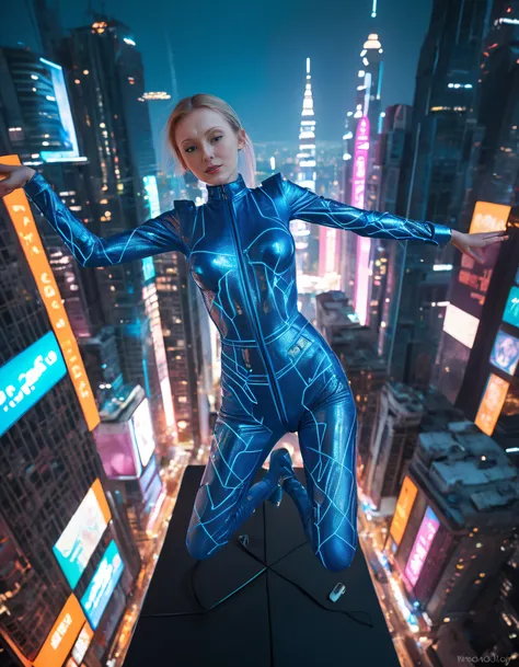 In this surreal scene of tomorrows metropolis, Leanid Pavel captures an avant-garde, sci-fi heroine donning a cyberpunk-inspired ensemble with circuitry patterns and electric blue sparks adorning her metallic jumpsuit, posing gracefully in the futuristic c...