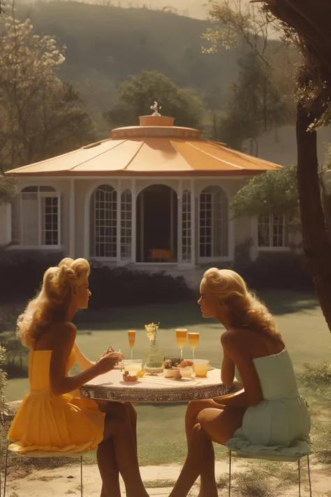 masterpiece,best quality,outdoor,style of Slim Aarons,<lora:tbh103-:1>,2girls,table,