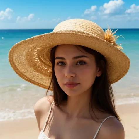 a woman wearing a sundress and a straw hat on a beach, extreme detail, hyper realistic,