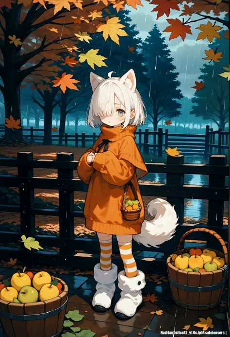 score_10,score_9_up,score_8_up,score_7_up, hadrian,very strong contrast, dramatic Lighting,very high detailed,very gorgeous and complicated background, 1girl,standing,full body,autumn,autumn festival,autumn theme,autumn leaves,rain,fruit,apple,pear,basket,...