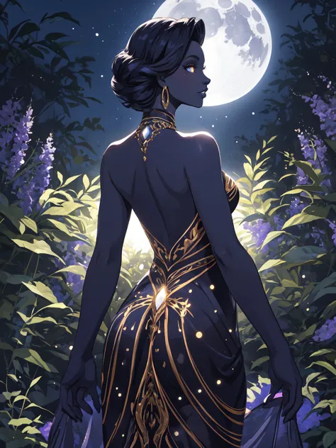 a shining silhouette of a looking back mystique black woman with her deep bright glowing eyes wearing an elegant dress with bare...