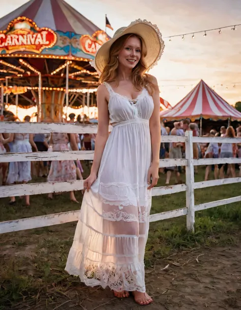 At dusk, as Leanid Pavel captured the enchanting sunset-kissed scene, a woman in her flowing white sundress adorned with intricate lace trim and matching floppy hat leaned casually against the distressed wooden fence near the vintage carnival midway, her s...