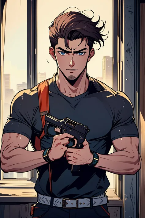 (best quality, masterpiece, Insane Details),Anime style,extremely detailed CG,1boy,slim male,handsome detailed face,solid eyes,detailed hair,contemporary,Warm light,holding_gun,Wrestling,Jitome,Slicked Back Haircut,