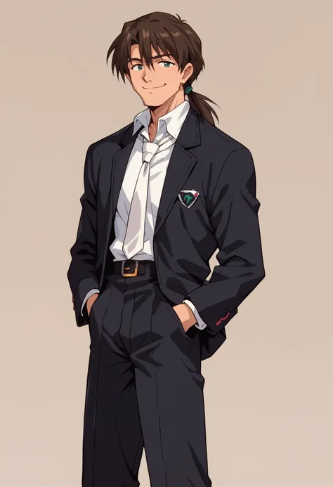 score_9, score_8_up, score_7_up,   source_anime, kaji_blacksuit, <lora:Degen_Rouji_Kaji-000009:.85>, low ponytail, black jacket, white tie, hands in pockets, smile, belt,