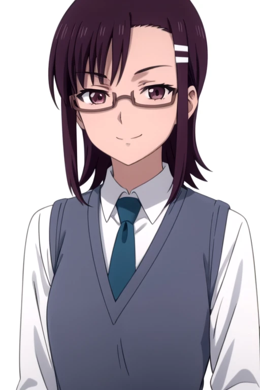 solo, 1girl, looking at viewer, 2D, anime, anime coloring, upper body, (simple background, solid white background:1.3), <lora:jun-iwakakeru:0.8>, jun uehara, school uniform, necktie, sweater vest, glasses, smile