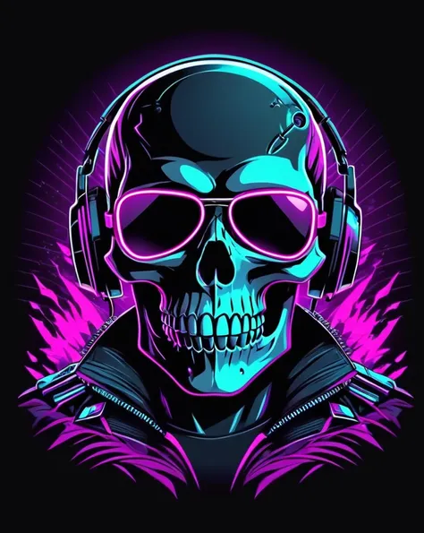 neonpunk style skull head, hip-hop style, t-shirt design, flat colors, vector art,  ((black background)) . cyberpunk, vaporwave, neon, vibes, vibrant, stunningly beautiful, crisp, detailed, sleek, ultramodern, magenta highlights, dark purple shadows, high ...