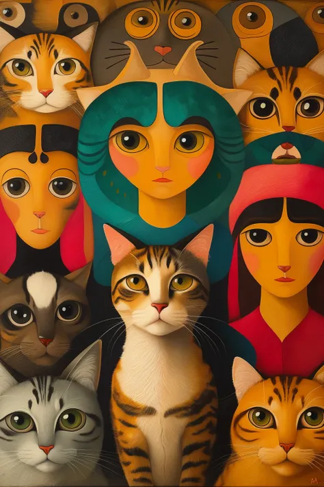 masterpiece,best quality,cat,oil painting,<lora:tbh110-:0.8>,style of Tarsila do Amaral,