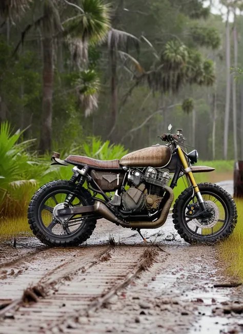 cinematic still of TWDDDBike on a dirt road in a dense swamp, hyperdetailed, rusty and weathered, shallow depth of field, alligator, in a hurricane <lora:TWDDDBike-000007:1>
