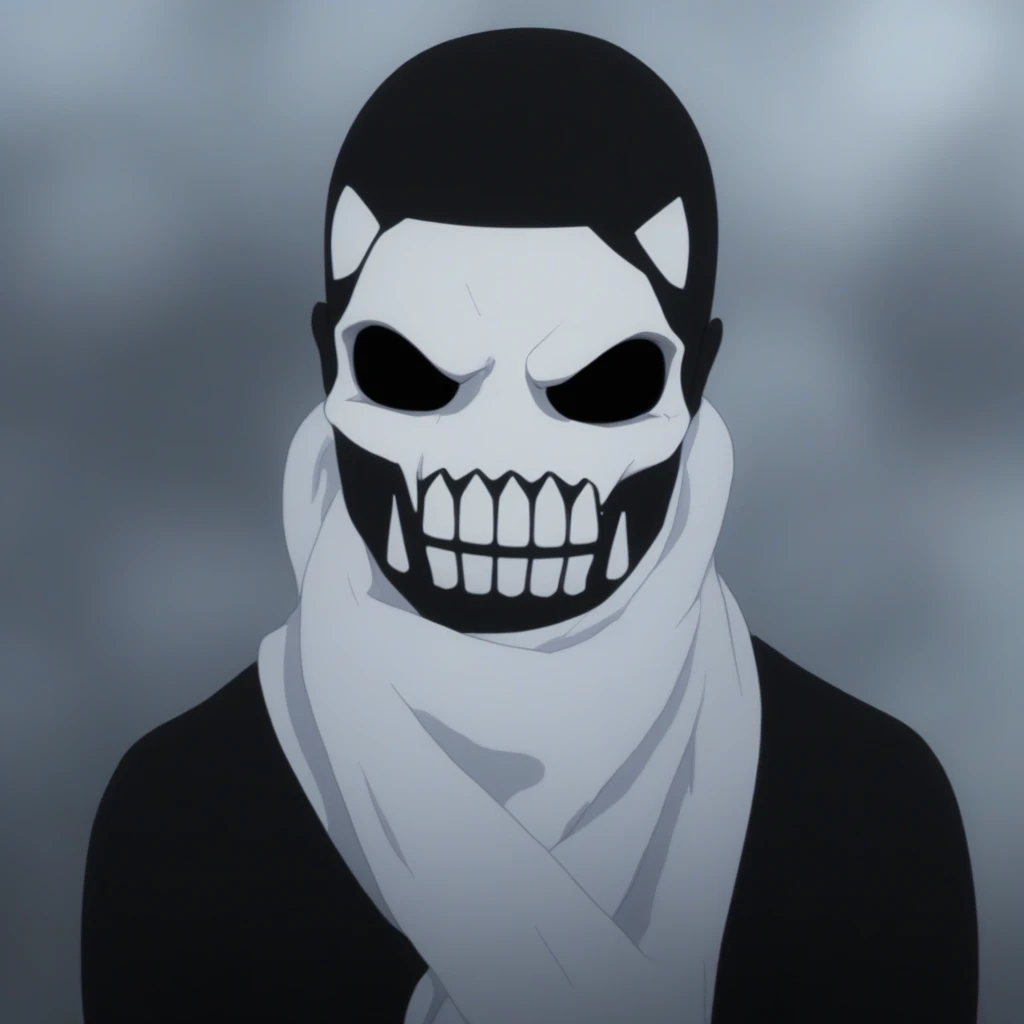 skull face, black eye holes, black body, white face, white scarf, closeup shot, portrait, best quality