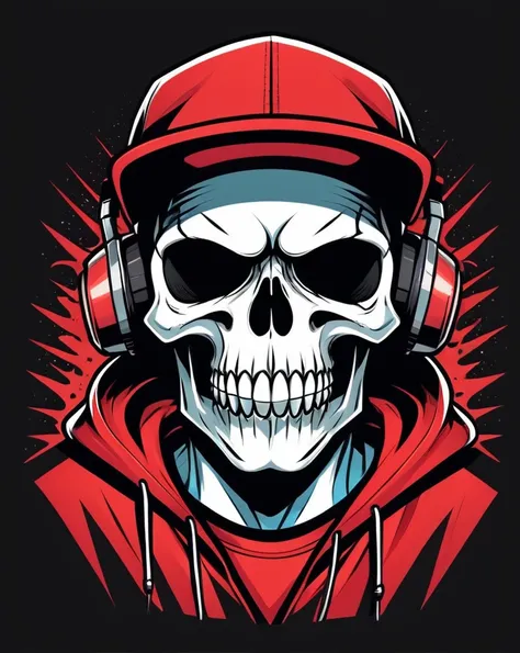 comic skull head, hip-hop style, t-shirt design, flat colors, vector art,  ((black background)) . graphic illustration, comic art, graphic novel art, vibrant, highly detailed