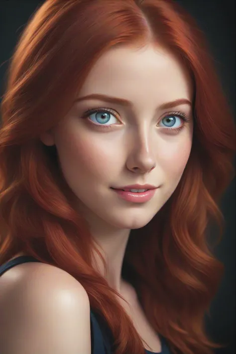 a close up from a gorgeous red haired girl, beautiful detailed radiant red hair, long hair,  beautiful detailed gray-blue eyes,  portrait, shy smile,
(masterpiece:1.2), (best quality:1.2), ultra-detailed, best shadow, detailed background, high contrast, (b...