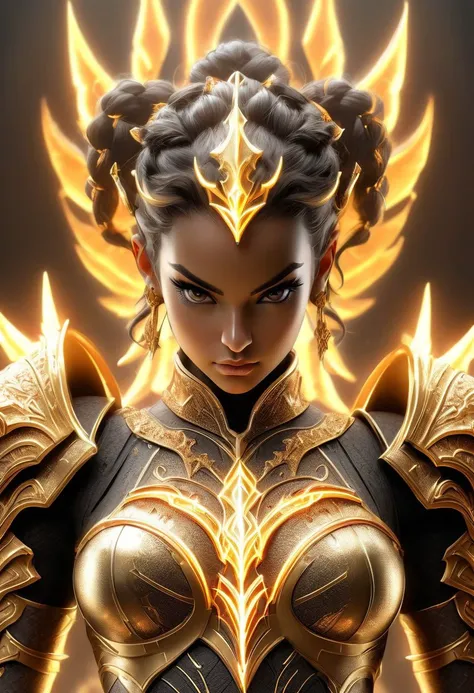 hyperdetailed fantasy character, Fire, golden armour, 1girl, holy cyborg necromancer girl, ornamented obsidian armor (((beautiful, symmetrical eyes, symmetrical face, over-shoulder view, magical background fantasy, beautiful, masterpiece, extremely highly ...