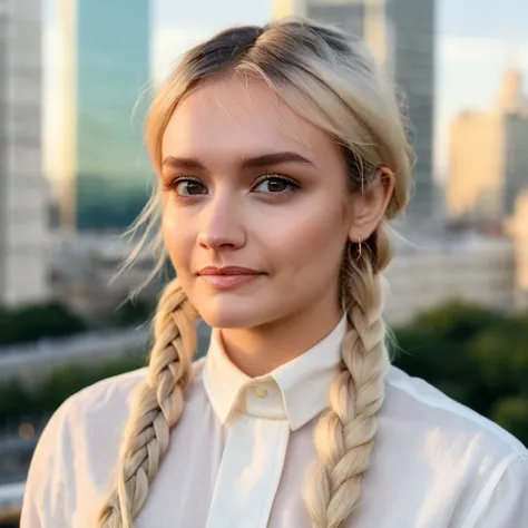 (Skin Texture, pores, natural,iPhone,RAW)), natural lighting, Highest Quality (closeup) Portrait photo of a woman with long braided platinum blonde hair,  Nikon Z9, realistic matte skin,  blurry city in the background, 8K, ((looking straight at the camera)...