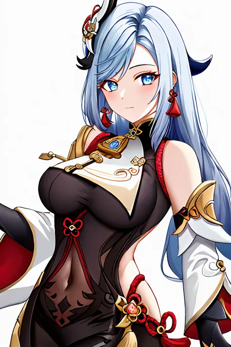 shenhe,1girl, black bodysuit, black gloves, blue eyes, bodysuit, braid, breast curtain, breasts, clothing cutout, covered navel, earrings, hair ornament, jewelry, large breasts, long hair, looking at viewer, partially fingerless gloves, polearm, puffy long...