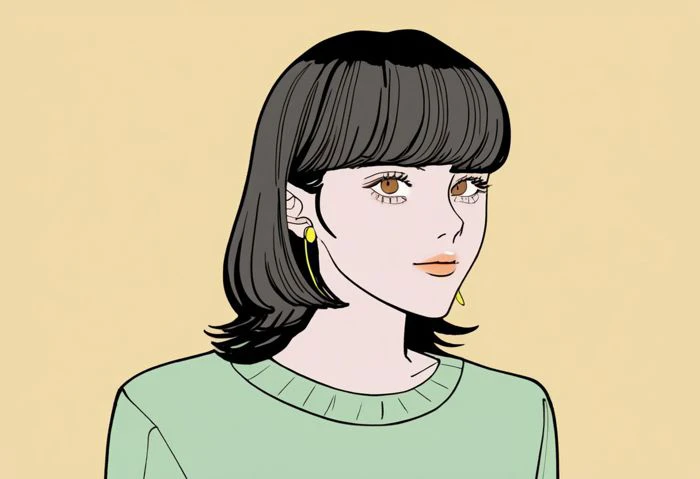 solo, 1girl, {{Brunette,medium length hair,small bangs}},{{brown eyes}}, {yellow shirt, green earrings, black pants}, round face,{soft light},{high saturation}, {{orange background}},