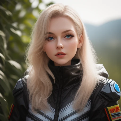 Alissa, 1girl, solo, long hair, looking at viewer, blue eyes, blonde hair, jacket, upper body, parted lips, day, blurry, lips, eyelashes, blurry background, freckles, realistic