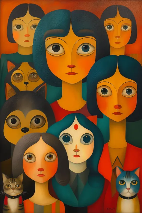 masterpiece,best quality,cat,oil painting,<lora:tbh110-:0.9>,style of Tarsila do Amaral,