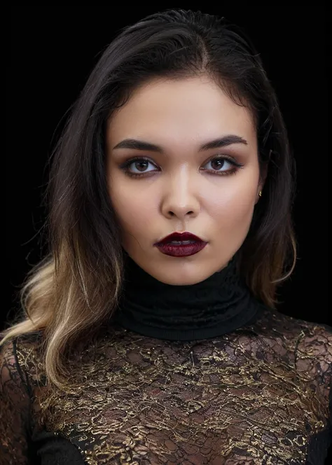 A captivating masterpiece of an woman, half body, dressed in a turtleneck Blouse, The intricate lace and gold details exude a very rebellious aura, bold and daring makeup look, The use of high-shine gloss adds a touch of glamour while the deep red and blac...