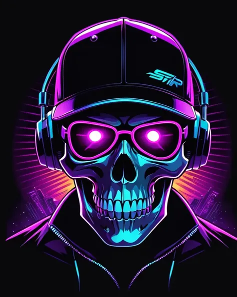 neonpunk style skull head, hip-hop style, t-shirt design, flat colors, vector art,  ((black background)) . cyberpunk, vaporwave, neon, vibes, vibrant, stunningly beautiful, crisp, detailed, sleek, ultramodern, magenta highlights, dark purple shadows, high ...