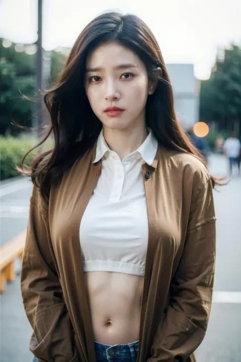 Best quality, masterpiece, ultra high res, (photorealistic), raw photo,1girl, skinny, cowboy shot,solo, realistic, looking at viewer, long hair, bokeh background, outdoors, collared shirt, tie, navel,  <lora:makina69_kimsoeun_v1.0:1>