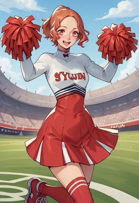 score_9, score_8_up, score_7_up, source_anime, BREAK 1girl, cowboy shot, cheering, <lora:HaruP5-pdxl:1> chrHaru, short hair, ponytail, cheerleader, red bowtie, clothes writing, holding pom poms, red socks, kneehighs, red sneakers, outdoors, stadium