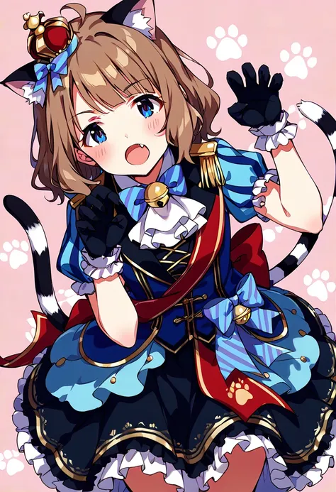 score_9, score_8_up, score_7_up, source_anime BREAK
1girl, suou momoko, gatto-marciale, blue dress, cat ears, white background, ascot, light brown hair, frilled sleeves, hands up, striped neckwear, short sleeves, striped tail, neck bell, cat girl, black sk...