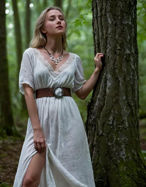 The misty dawn forest glade revealed Evie, a solitary figure dressed in the flowing white linen dress with intricate lace details, wearing her silver crescent moon necklace and wide leather belt adorned with small gemstones as she stood solo, embracing the...