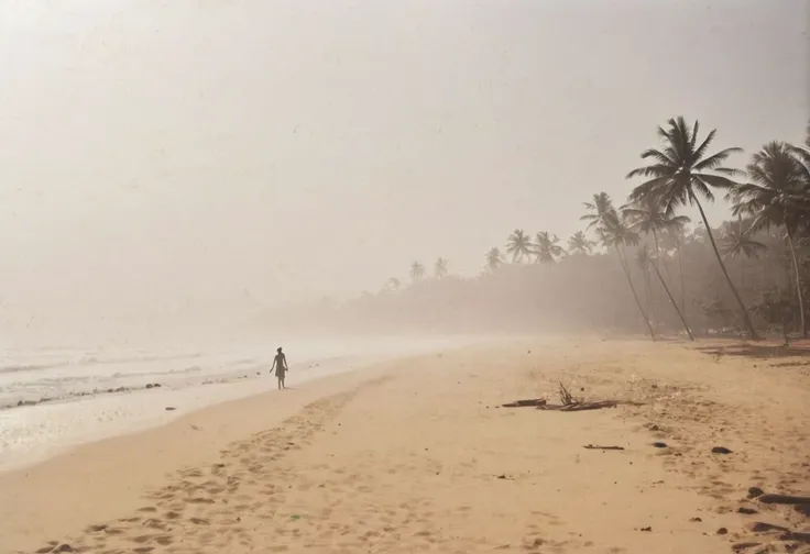 lith_agfabrovira_BN21, a foggy beach in sri lanka, hard shadow