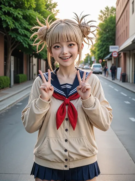 1girl, toga himiko, boku no hero academia,
cosplay, costume, official art, photo, perfect lighting, rating_safe, outside, street, cowboy shot,v sign, looking at viewer,light smile,