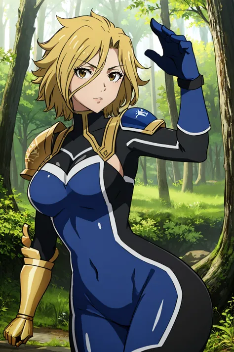 masterpiece, best quality, 1girl, solo  <lora:dimaria-nvwls-v1-000009:0.9> dimaria yesta, blue bodysuit, long sleeves, armor, single gauntlet, gloves, dynamic pose, looking at viewer, forest, field