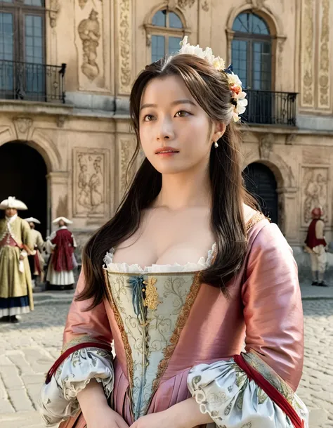 Hashimoto Kanna,1woman,professional,highly detailed,long hair,beautiful dress,baroque,eighteenth century style,street background,cinematic_angle,from_side,movie cover photo,<lora:Hashimoto_Kanna_DoKr:0.9>,cleavage,looking_at_viewer,