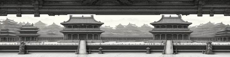 Create a highly detailed,technical drawing of  The Palace Museum of China,emphasizing precision and complexity in its design,The view should be panoramic,with focus on structural details and textural elements,masterpiece,high quality,bigc,digital engraving...