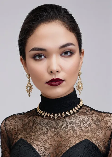 poster style, A captivating masterpiece of an woman, half body, dressed in a turtleneck Blouse, The intricate lace and gold details exude a very rebellious aura, bold and daring makeup look, The use of high-shine gloss adds a touch of glamour while the dee...