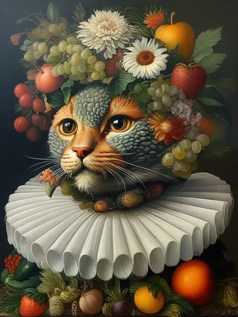 masterpiece,best quality,oil painting,illustration,cat,style of Giuseppe Arcimboldo,fruits,vegetables,flowers,fish and books,<lora:tbh108-sdxl:0.9>,