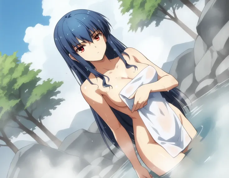 score_9, score_8_up, score_7_up, source_anime,
angelbeatsshiina, <lora:angel-beats-shiina-s1-ponyxl-lora-nochekaiser:1>,
shiina, long hair, red eyes, blue hair,
nude, naked, 
outdoors, onsen, towel, naked towel, steam, bathing, nude cover, partially submer...