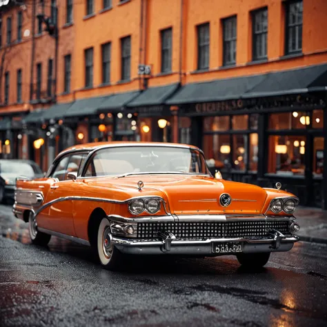 cinematic film still of SB59 orange car   <lora:SB59_r2:1>, shallow depth of field, vignette, highly detailed, high budget, bokeh, cinemascope, moody, epic, gorgeous, film grain, grainy