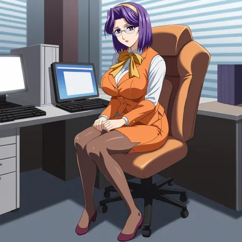 <lora:ChisaSakuraiXLpony001>,
solo,
ChisaSakurai,1girl,purple hair,hair band,medium hair,purple eyes,eyewear,large breasts,
orange suit,skirt_suit,yellow ribbon tie,white shirt,vest,long_sleeves,
pencil_skirt,
brown pantyhose,
full body,sitting,chair,offic...