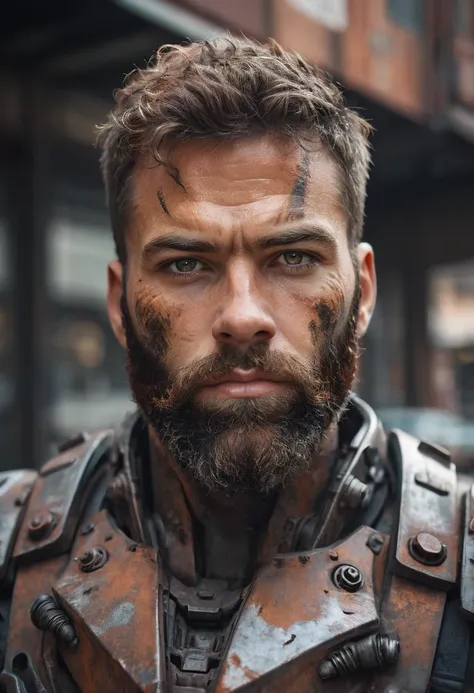 close up Portrait photo of muscular bearded guy in a worn mech suit, intricate, (steel metal [rust]), elegant, sharp focus, photo by greg rutkowski, soft lighting, vibrant colors, masterpiece, ((streets)), detailed face