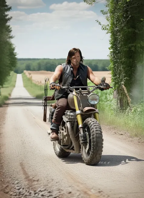 cinematic still of a man in a leather vest riding the TWDDDBike on a farm road, hyperdetailed vehicle, rusty and weathered, shallow depth of field,  <lora:TWDDDBike:1>