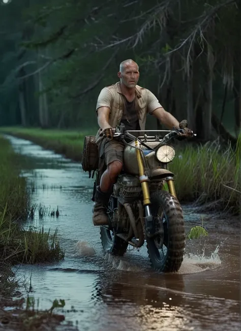 cinematic still of a man in a dirty white t-shirt riding the TWDDDBike through a swamp at night, flooded road, shaved head, hyperdetailed vehicle, rusty and weathered, moonlight, shallow depth of field,  <lora:TWDDDBike:1>