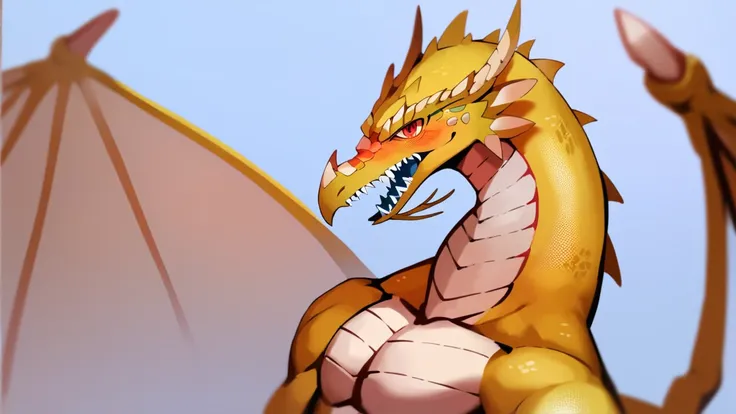 score_9, score_8_up, score_7_up, score_6_up, score_5_up, score_4_up, a giant dragon, anime style, anthro AND [[[muscular]]], scales, solo AND standing, view from side, close eyes AND blush, open mouth AND sharp teeth AND smiling, looking at viewer, wings, ...