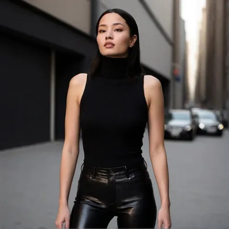 <lora:Anna_Sawai-000007:0.75> annas4w4i, black turtleneck tank top, tight black leather pants, in the streets