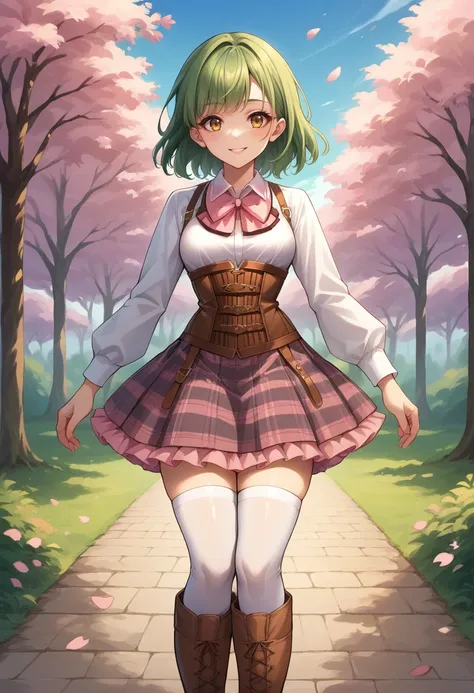 score_9, score_8_up, score_7_up, source_anime, 1girl, solo, green hair, medium hair, yellow eyes, medium breasts, LudobicoUniformBase, pink bowtie, white shirt, long sleeves, corset, plaid skirt, frilled skirt, white thighhighs, knee boots, smile, outdoors...