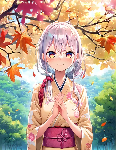 <lora:pony_xl_Fumino:0.8>,Fumino,score_9,score_8_up,score_7_up,source_anime,1girl,solo,looking at viewer,japanese clothes,print kimono,floral print,wide sleeves,obi,day,nature,grove,falling leaves,the dappled sunlight that filters through the leaves of tre...