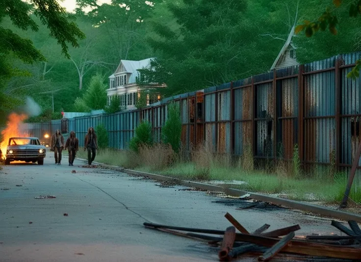 cinematic movie still of (zombies) in the woods, TWDAlexandriaWall visible between the trees, rusted metal, angled supports, old southern homes on fire at night, dirty street, hyperdetailed, shallow depth of field, f1.4, film look, gamma 2.4 <lora:TWDAlexa...