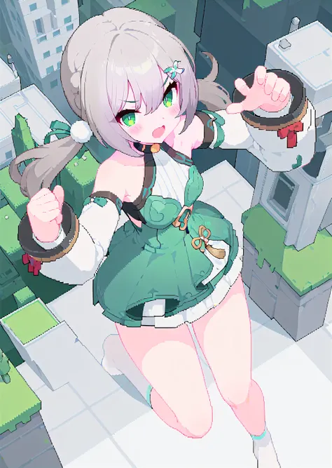 high quality, masterpiece, solo,
fighting stance,  standing, from above, standing on one leg, 
digital art, city,pixel art,
1girl, green eyes, :d,>_<, blush,    
grey hair, twintails, pom pom hair ornament,
detached sleeves, long sleeves,
green dress, 
(ba...