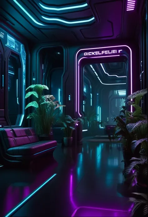 cinematic film still Cyberpunk Environments, interiors, designed by Chase Stone and Martin Deschambault, photograph, knee level shot of a Colorless (cyberpunk interior design:1.3) , with Network trimmings, overgrown with plants and dark pink flowers Platea...