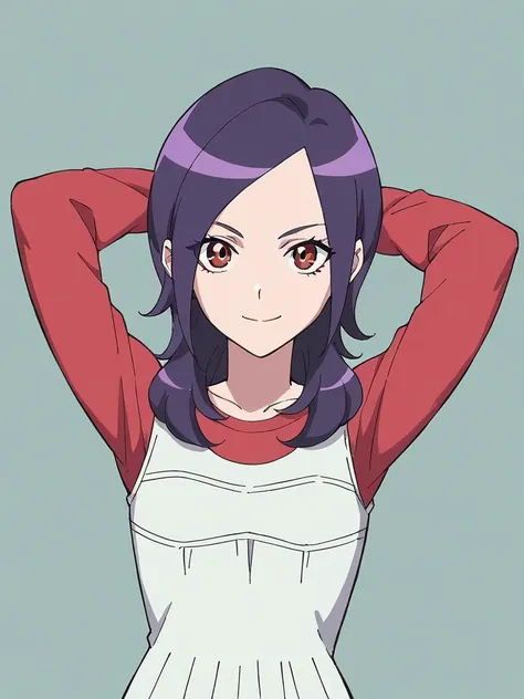 score_9, score_8_up, score_7_up, 1girl, higashi setsuna, dark purple hair, red eyes, parted bangs,

looking at viewer, smile, red t-shirt, long sleeves, white vest,  arms behind head,

