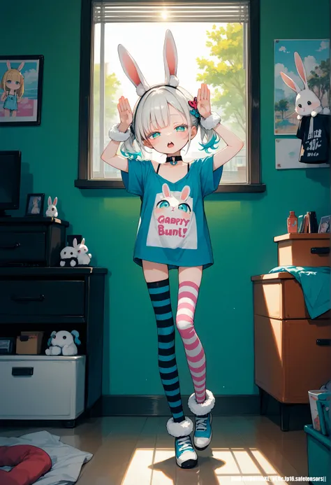 (score_10,score_9_up,score_8_up), very strong contrast, dramatic Lighting,very high detailed,very gorgeous and complicated background,8k,4k,highres,hadrian, 1  girl,full body, apartment,room,messy room,anime poster,white hair,Headbands,oversized t-shirt,ch...